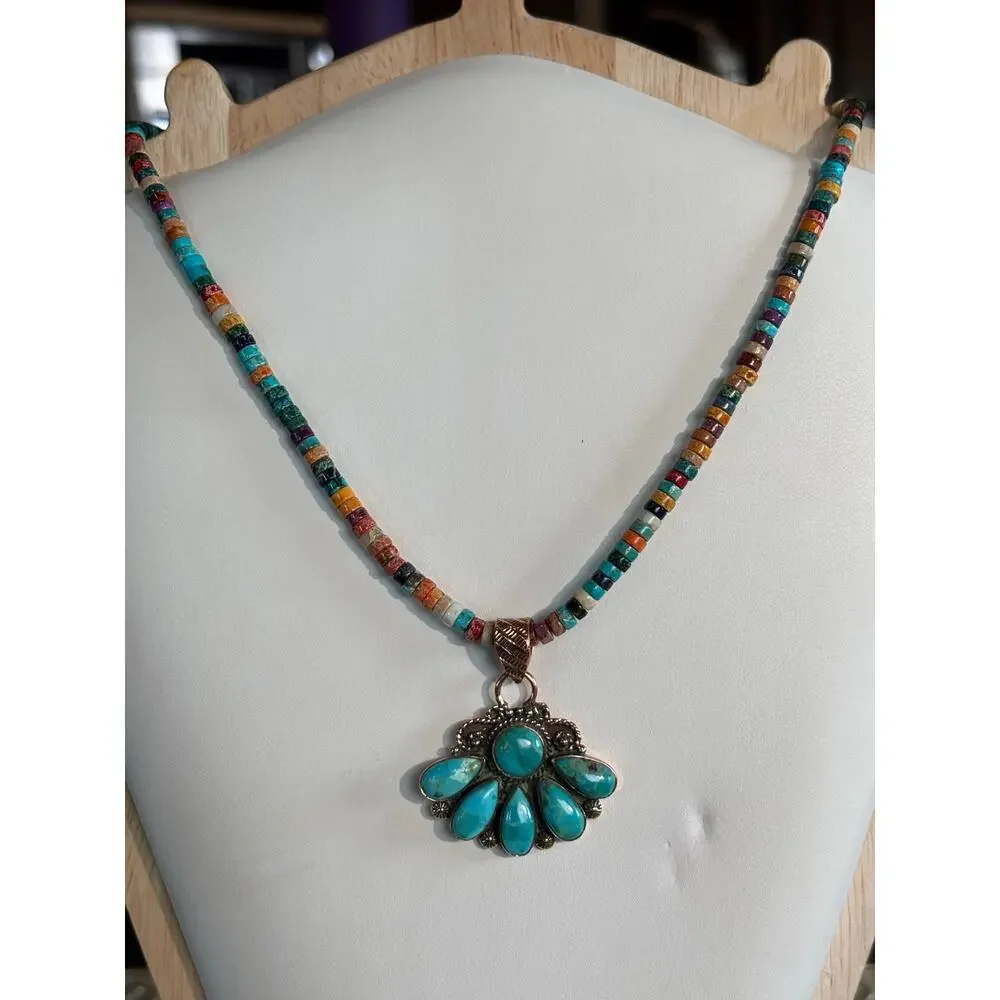Mojave Turquoise Copper Fan Pendant Heishi Necklace – 18